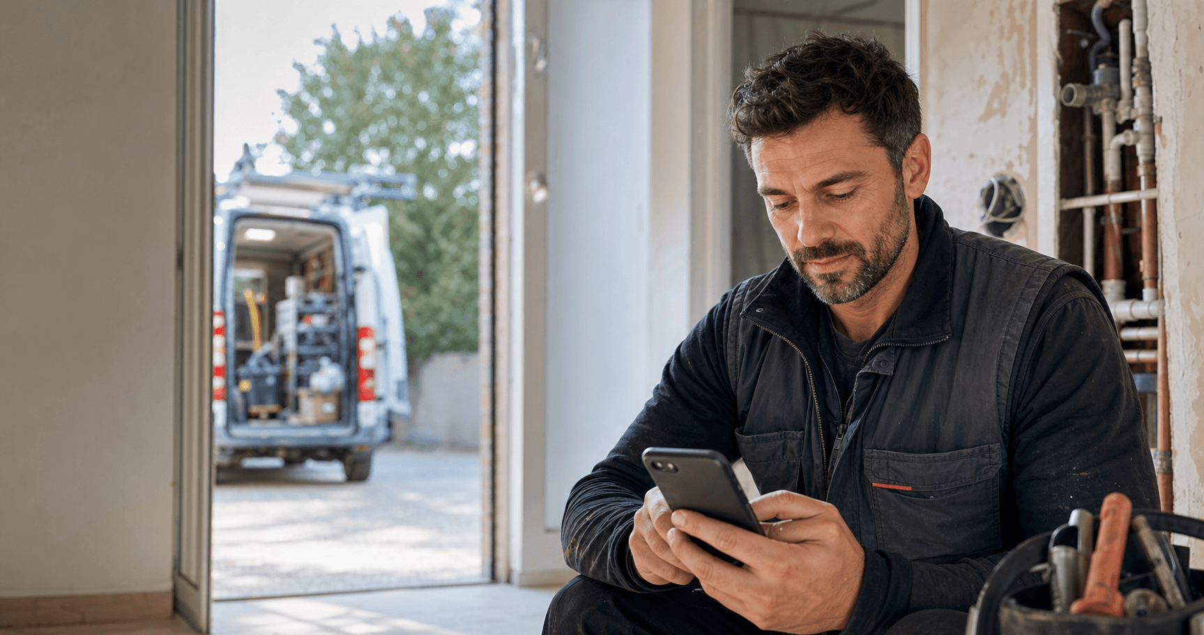Artisan consultant un dossier client depuis son chantier